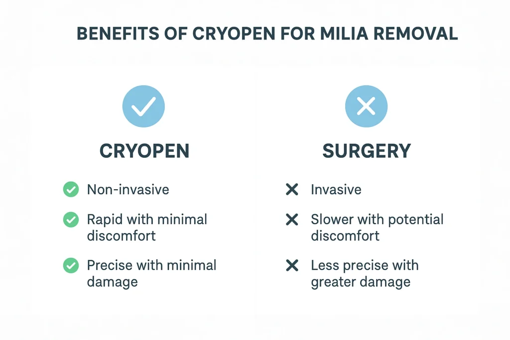 Benefits of cryopen for milia removal Farthingstone compared to surgical treatments.