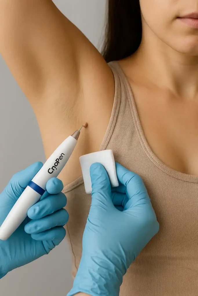 woman having cryopen to remove underarm skin tags Farthingstone