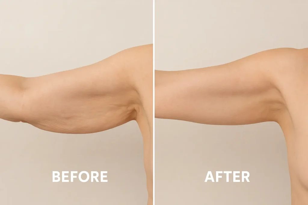 Picture of LA LIPO Farthingstone before and after results of skin tightening treatment on the upper arms.