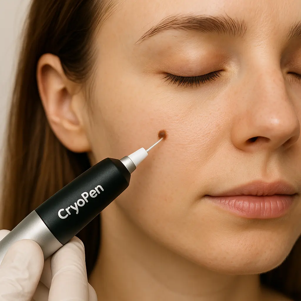 woman receiving facial mole removal Farthingstone using cryopen 