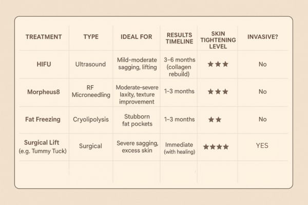 Table showing the comparisons of Skin tightening Farthingstone treatment options.